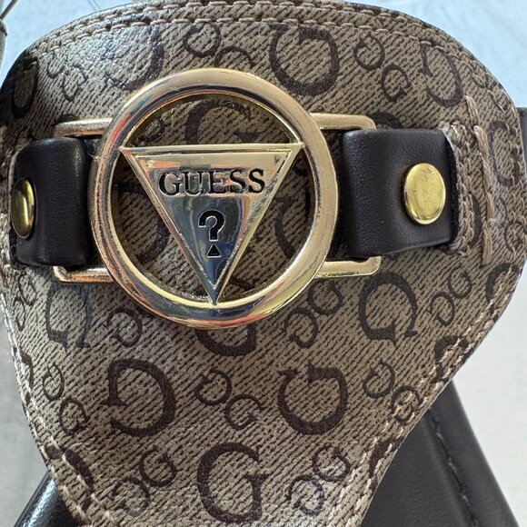 Guess Womens Monogrammed Brown Sandals With Gold Logo & Open-Toe Design Size 8 - Picture 3 of 13